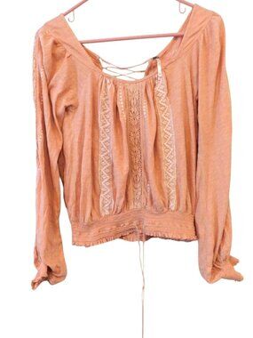 Free People Silver Lake Sz XS Peach Boho Lace Peasant Blouse Smocked Top Shirt